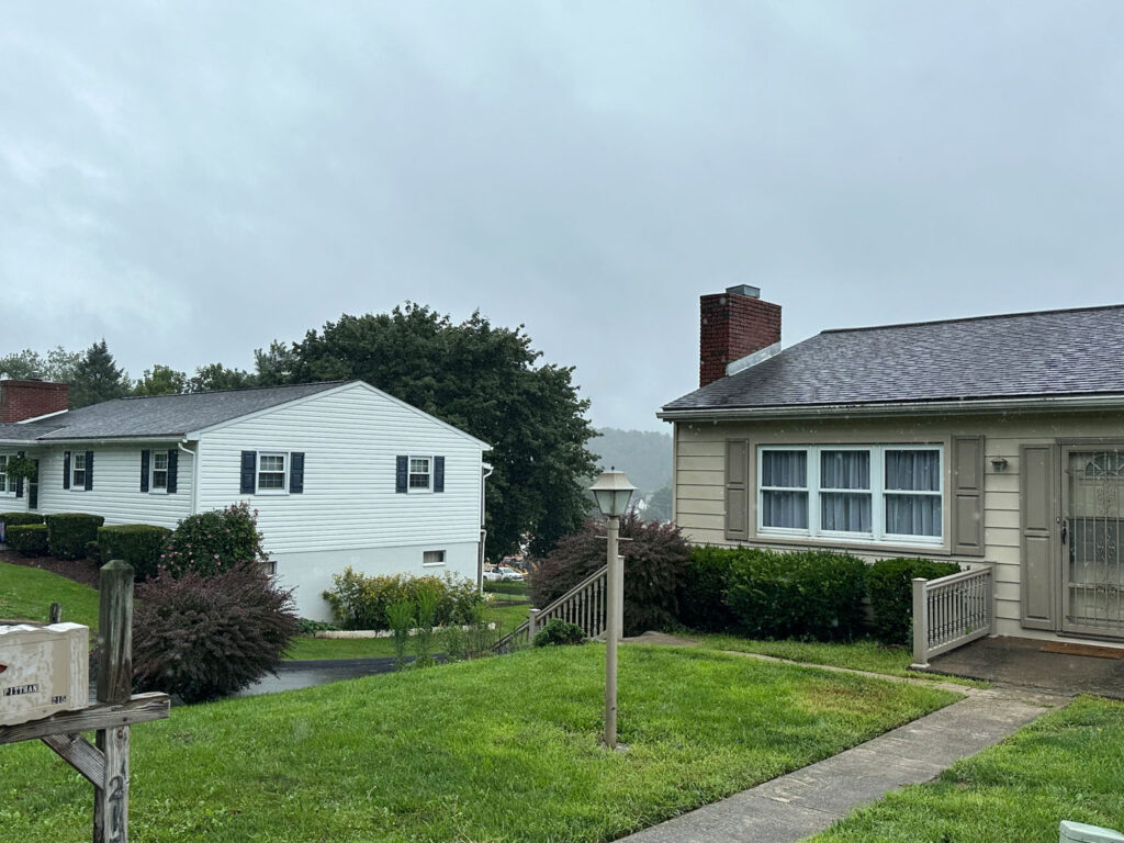 Before picture of a landscape overhaul and drain install project, showing overgrown shrubs and slope on side of house.